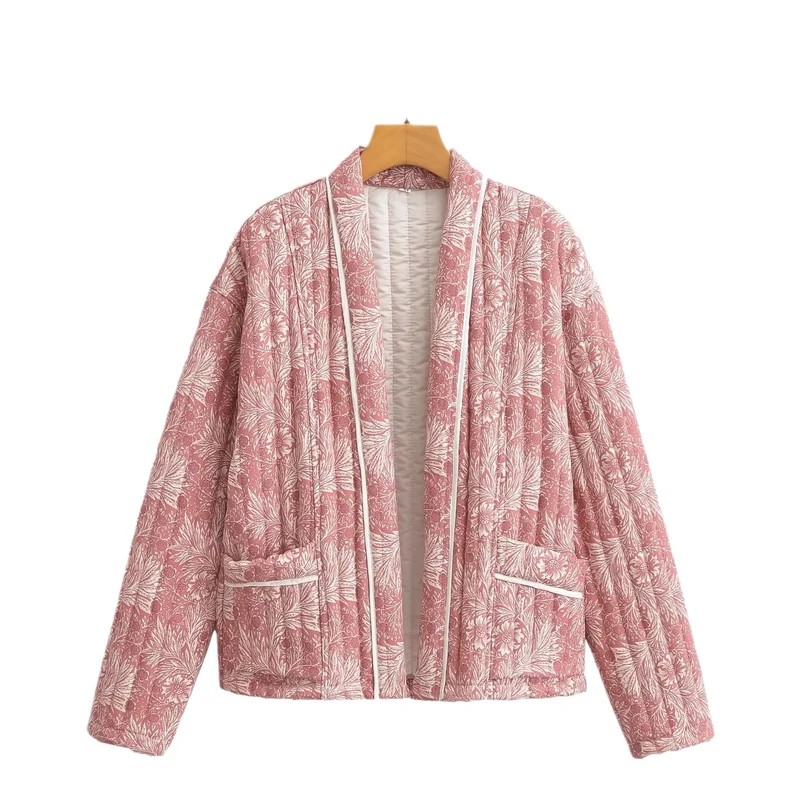 Damen Leichte gesteppte Jacke im Kimono-Stil mit floralem Blockdruck und Kontrastpaspel Drune