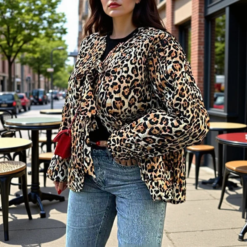 Damen Leichte Blousonjacke im Leopardenprint mit Bindebändern und aufgesetzten Taschen Drune