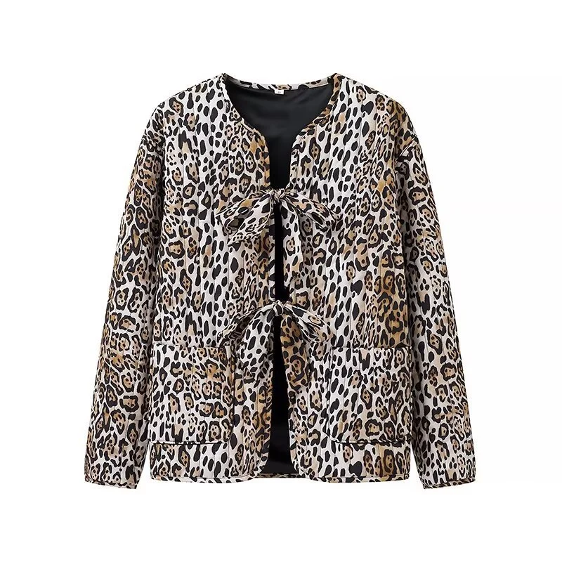 Damen Leichte Blousonjacke im Leopardenprint mit Bindebändern und aufgesetzten Taschen Drune