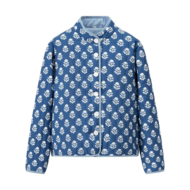 Damen Leichte bedruckte Baumwolljacke mit Stehkragen und gestreiften Manschetten Drune
