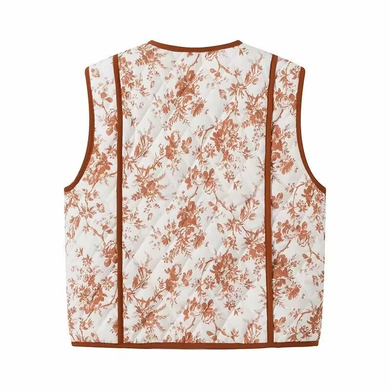 Damen Leicht gesteppte Steppweste mit floralem Print, V‑Ausschnitt und Eingrifftaschen Drune