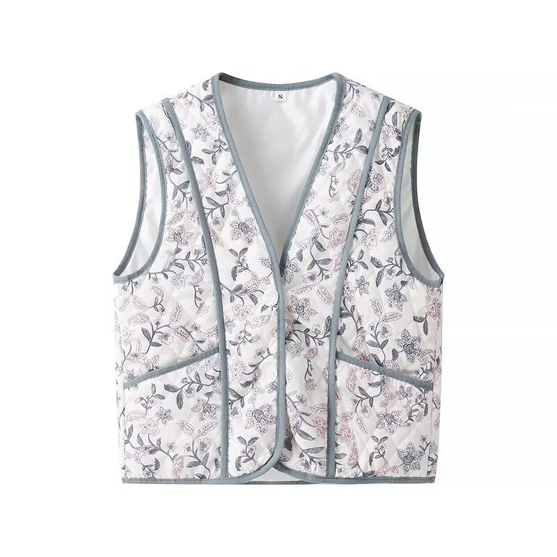 Damen Leicht gesteppte Steppweste mit floralem Print, V‑Ausschnitt und Eingrifftaschen Drune