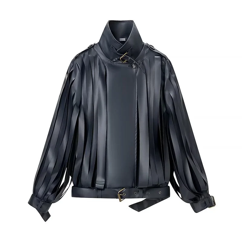 Damen Lederimitat‑Fransenblouson mit Stehkragen und Taillengürtel Drune