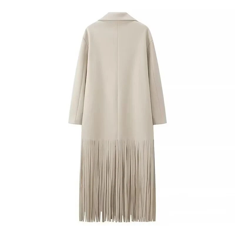 Damen Langmantel mit langem Fransen‑Saum, kastiger Oversize‑Silhouette und Reverskragen Drune