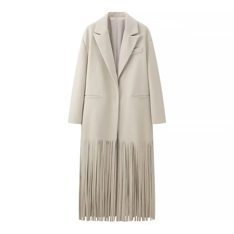 Damen Langmantel mit langem Fransen‑Saum, kastiger Oversize‑Silhouette und Reverskragen Drune