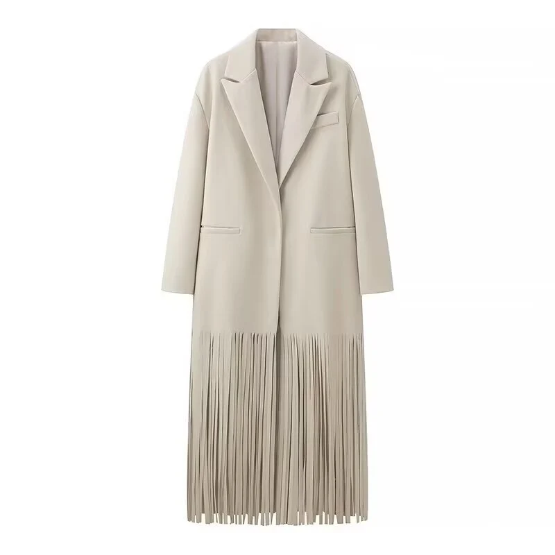 Damen Langmantel mit langem Fransen‑Saum, kastiger Oversize‑Silhouette und Reverskragen Drune