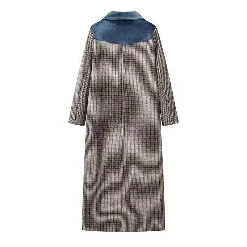 Damen langer Wollmix-Mantel mit Samt-Schalkragen und Leistentaschen Drune