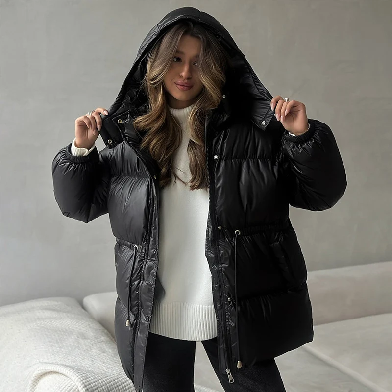 Damen Langer wattierter Parka mit Kapuze, Taillenzug und Oversize-Silhouette Drune
