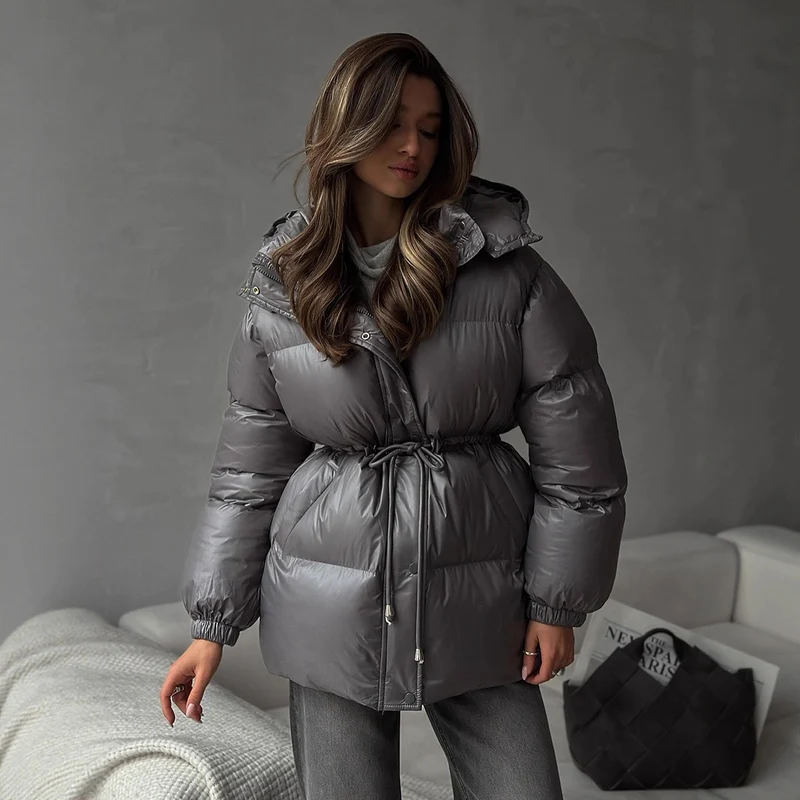 Damen Langer wattierter Parka mit Kapuze, Taillenzug und Oversize-Silhouette Drune