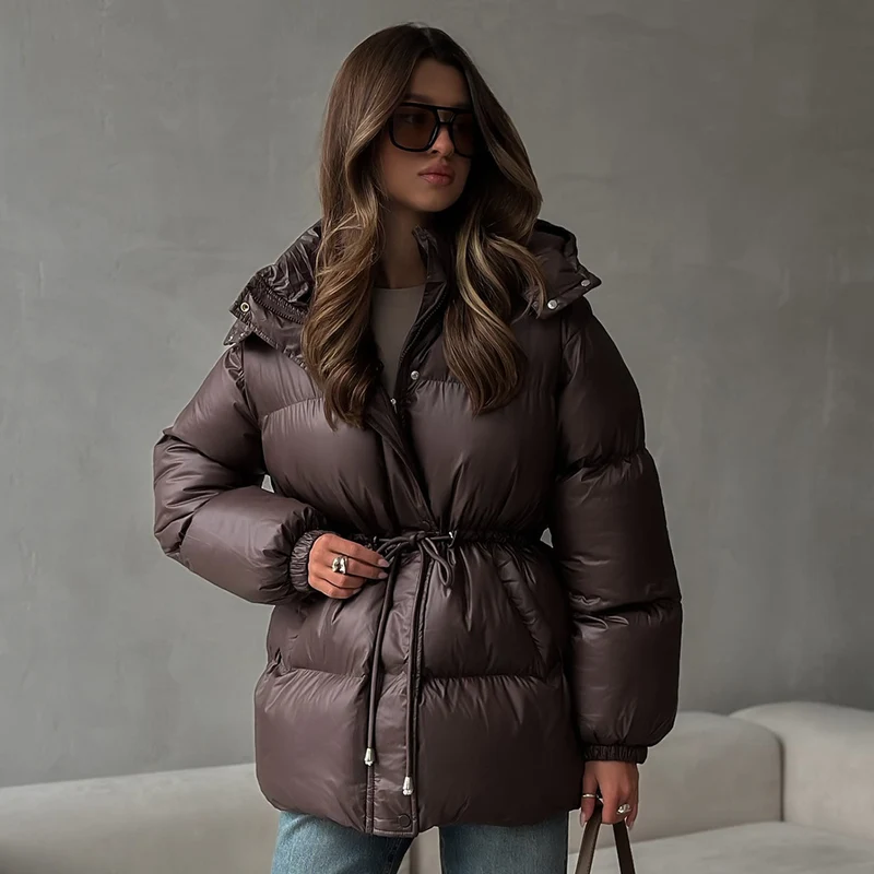 Damen Langer wattierter Parka mit Kapuze, Taillenzug und Oversize-Silhouette Drune