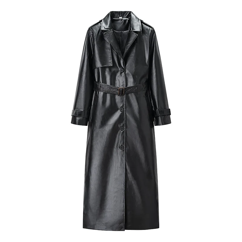 Damen Langer Trenchcoat aus Lederoptik mit Bindegürtel und Epauletten Drune