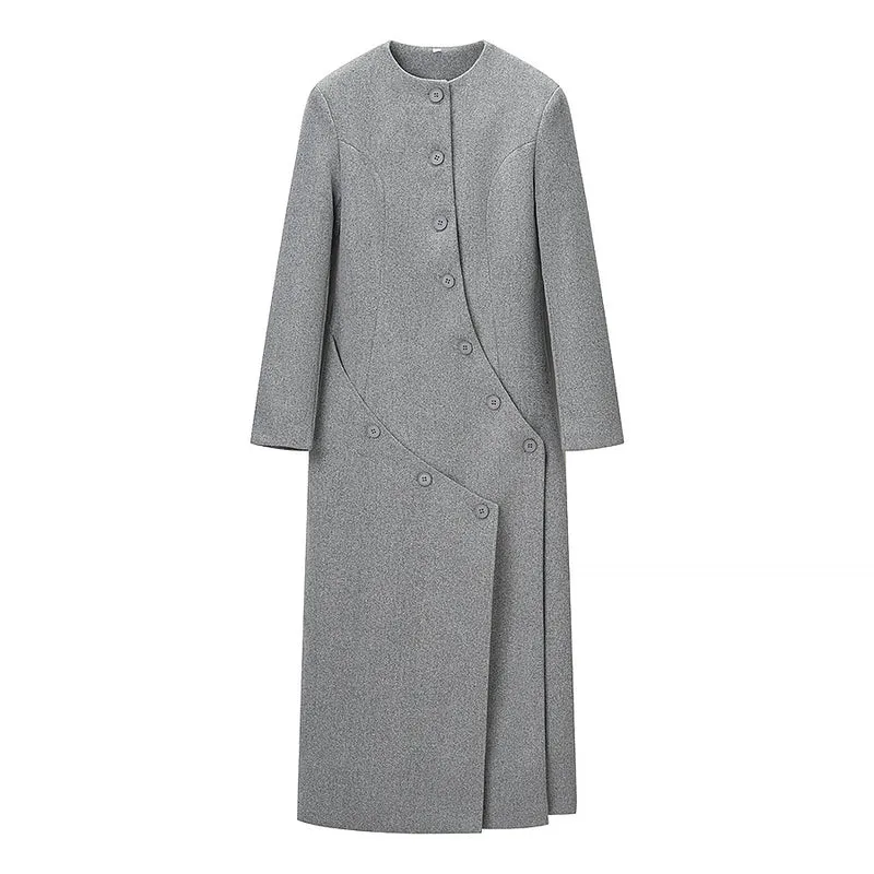 Damen Langer taillierter Wollmix-Mantel mit Rundhalsausschnitt und asymmetrischer Knopfleiste Drune