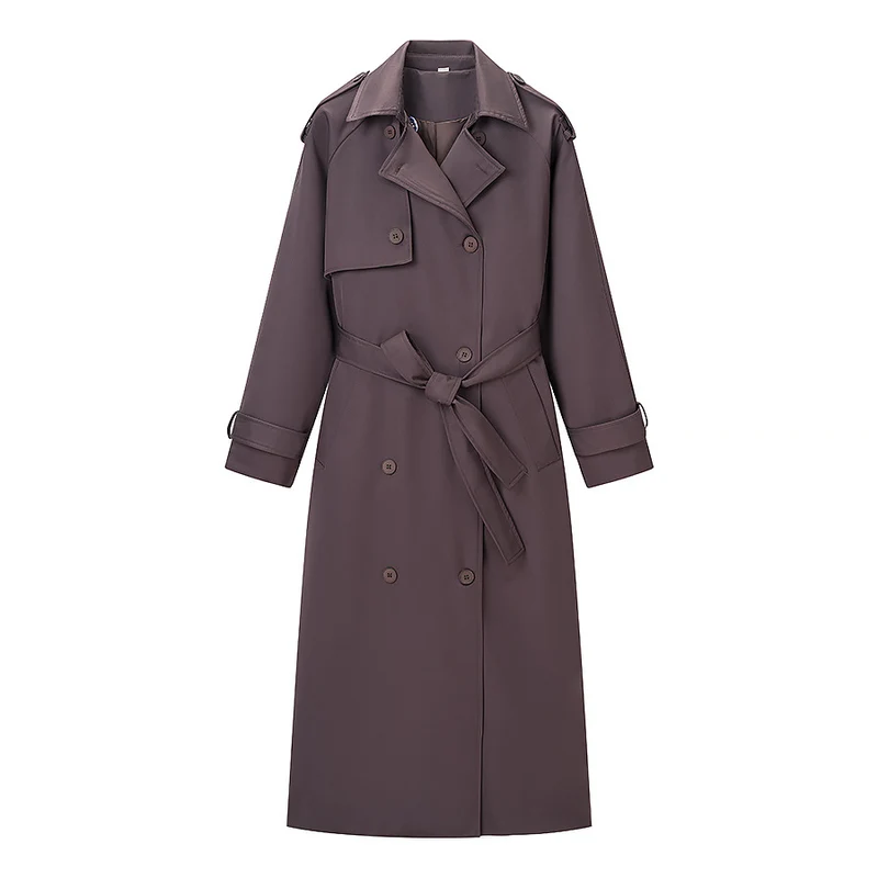 Damen Langer taillierter Trenchcoat mit Bindegürtel und doppelreihiger Knopfleiste Drune