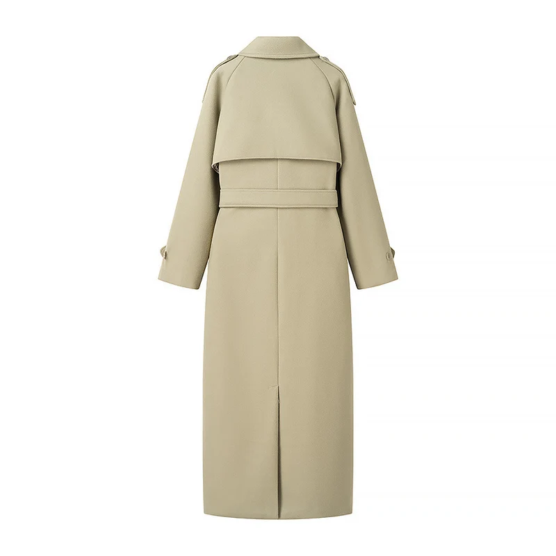 Damen Langer taillierter Trenchcoat mit Bindegürtel, Schulterpatten und doppelreihiger Knopfleiste Drune