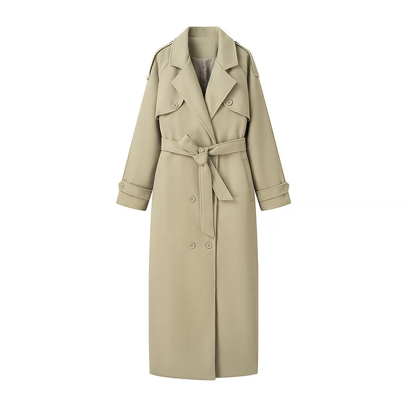 Damen Langer taillierter Trenchcoat mit Bindegürtel, Schulterpatten und doppelreihiger Knopfleiste Drune