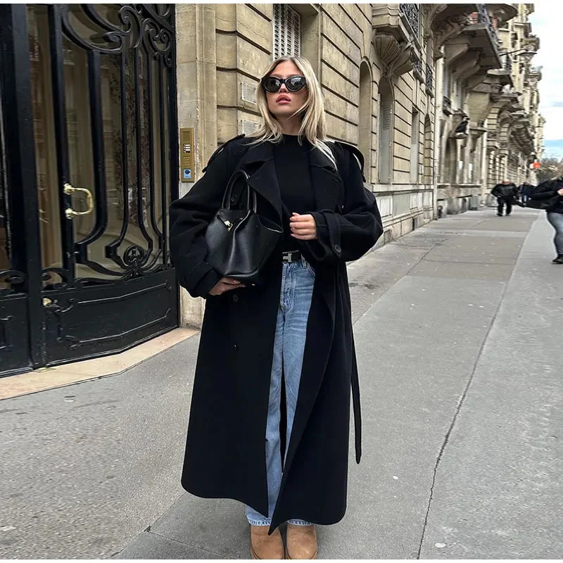 Damen langer Oversize Wollmantel mit weitem Revers und Gürtel Drune