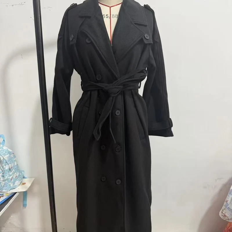 Damen langer Oversize Wollmantel mit weitem Revers und Gürtel Drune