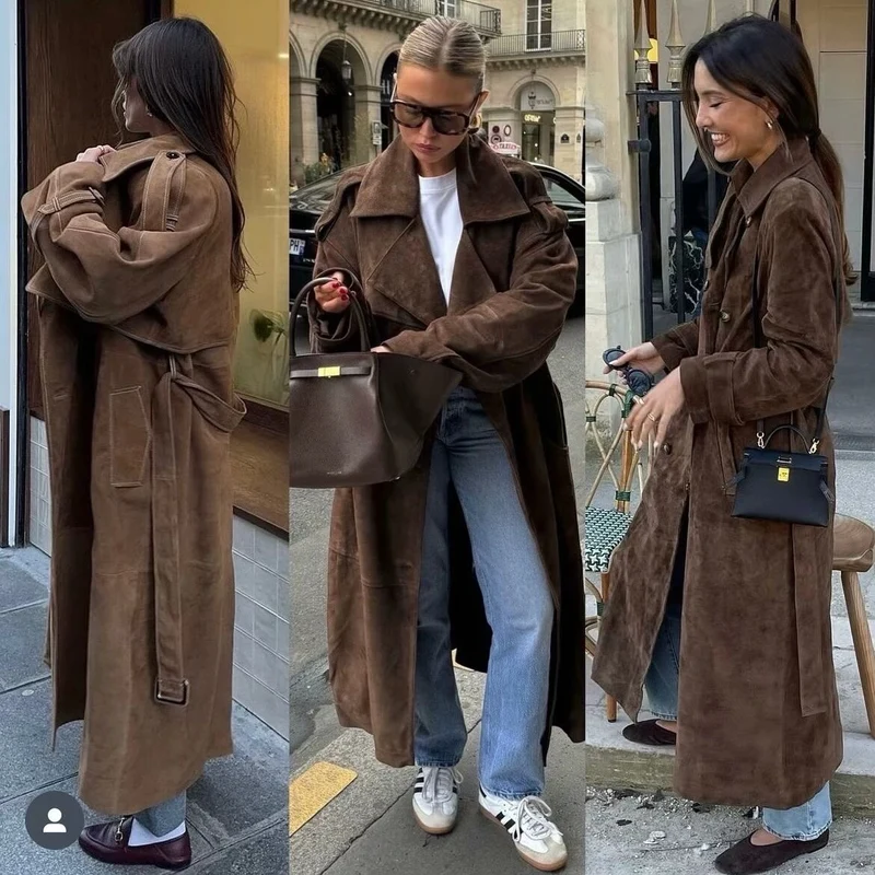 Damen Langer Oversize-Veloursleder-Trenchcoat mit Bindegürtel und Schulterriegeln Drune