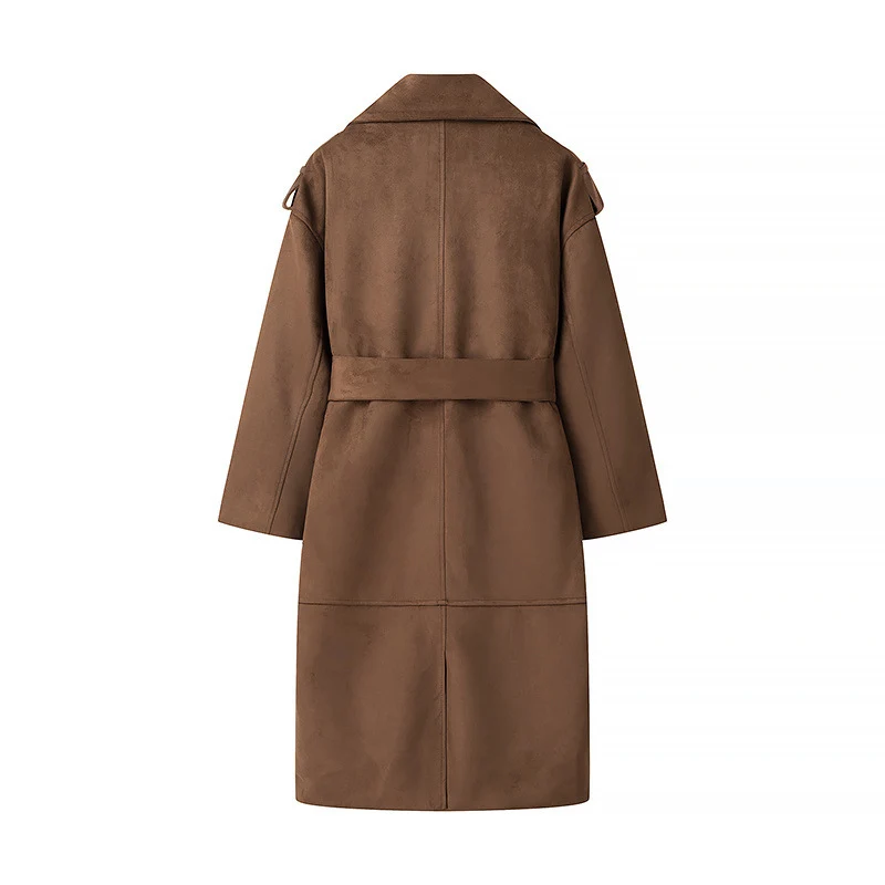 Damen Langer Oversize-Veloursleder-Trenchcoat mit Bindegürtel und Schulterriegeln Drune