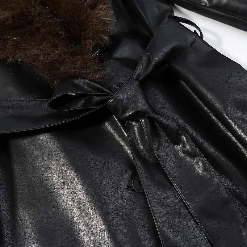 Damen Langer Ledermantel mit abnehmbarem Fellkragen und minimalistischer Silhouette Drune