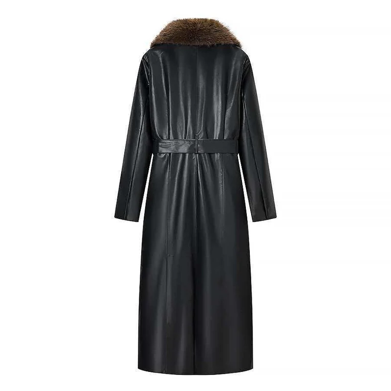 Damen Langer Ledermantel mit abnehmbarem Fellkragen und minimalistischer Silhouette Drune