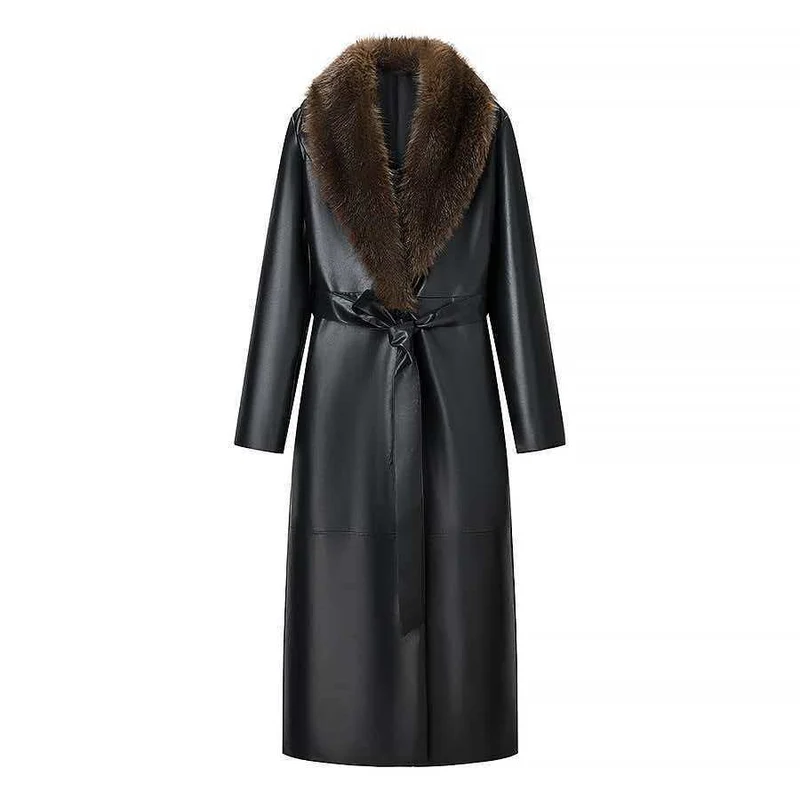 Damen Langer Ledermantel mit abnehmbarem Fellkragen und minimalistischer Silhouette Drune