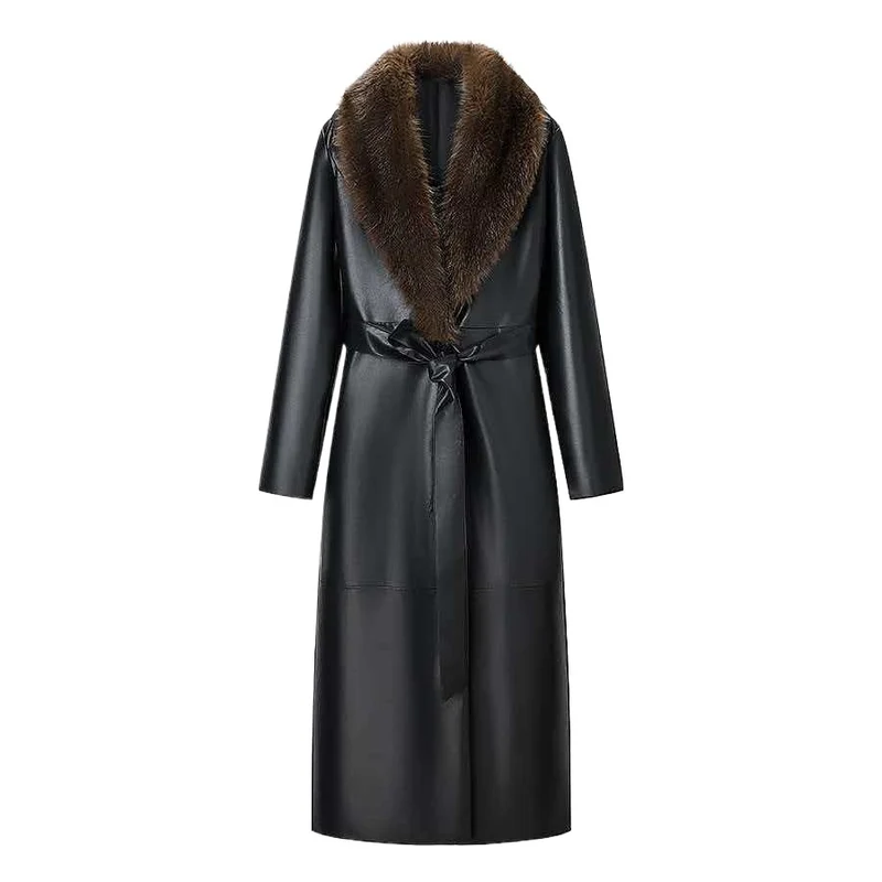 Damen Langer Ledermantel mit abnehmbarem Fellkragen und minimalistischer Silhouette Drune