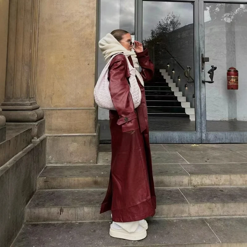 Damen Langer Kunstleder‑Trenchcoat mit Taillengürtel, weitem Revers und wasserabweisender Oberfläche Drune