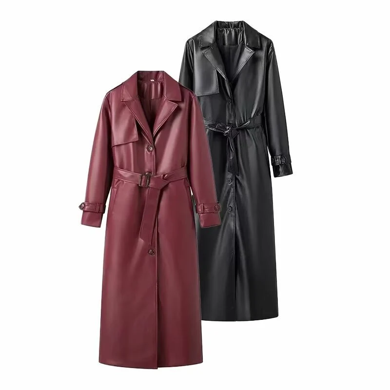 Damen Langer Kunstleder‑Trenchcoat mit Taillengürtel, weitem Revers und wasserabweisender Oberfläche Drune