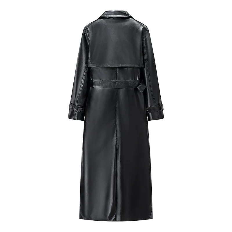 Damen Langer Kunstleder-Trenchcoat mit Taillengürtel und Epauletten Drune