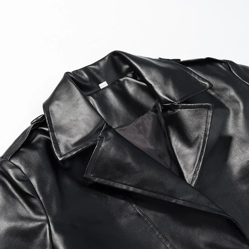 Damen Langer Kunstleder-Trenchcoat mit Taillengürtel und Epauletten Drune