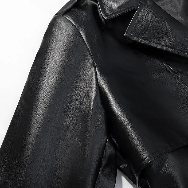 Damen Langer Kunstleder-Trenchcoat mit Taillengürtel und Epauletten Drune