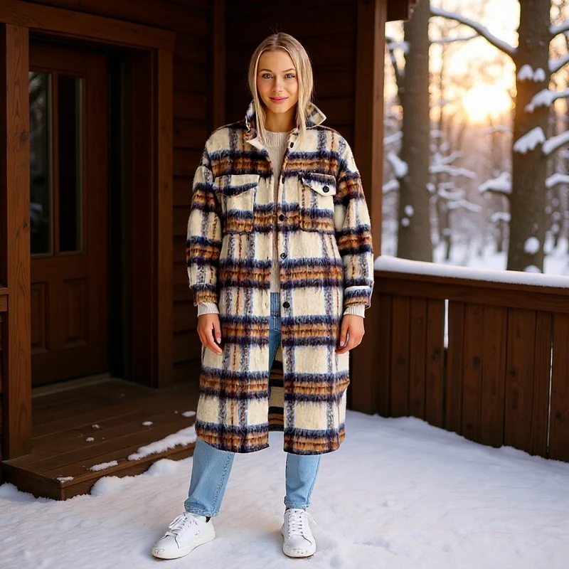Damen Langer karierter Teddy‑Mantel in Shirtjacken‑Optik mit Hemdkragen und aufgesetzten Taschen Drune