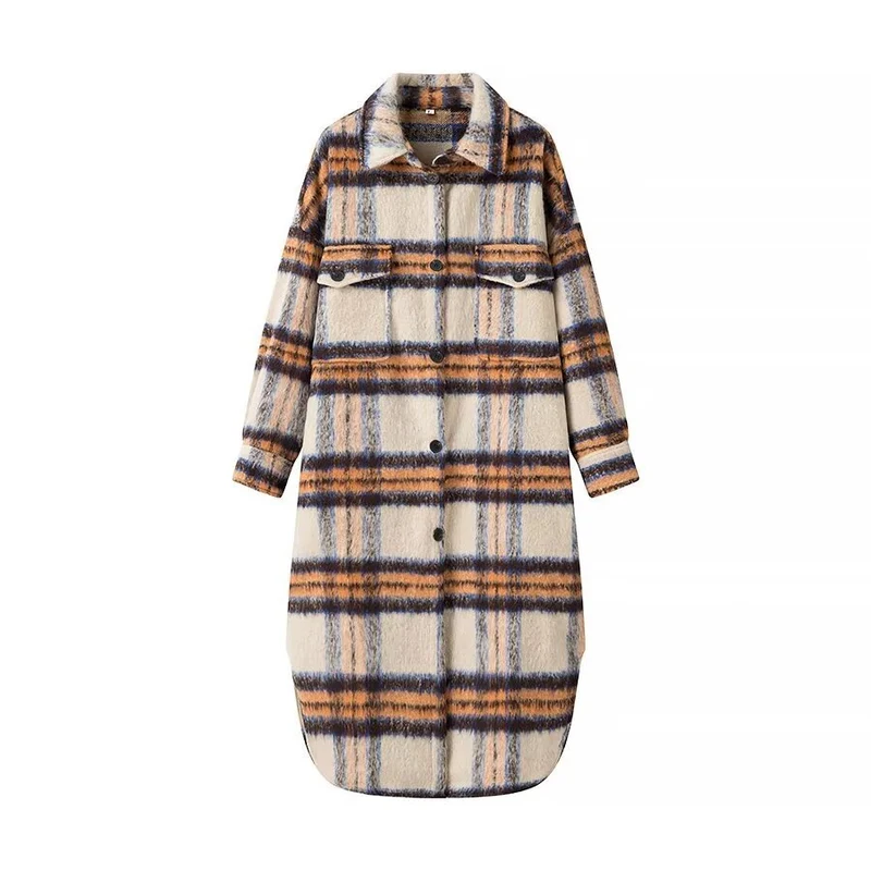 Damen Langer karierter Teddy‑Mantel in Shirtjacken‑Optik mit Hemdkragen und aufgesetzten Taschen Drune