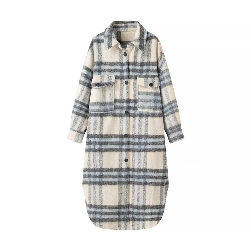 Damen Langer karierter Teddy‑Mantel in Shirtjacken‑Optik mit Hemdkragen und aufgesetzten Taschen Drune