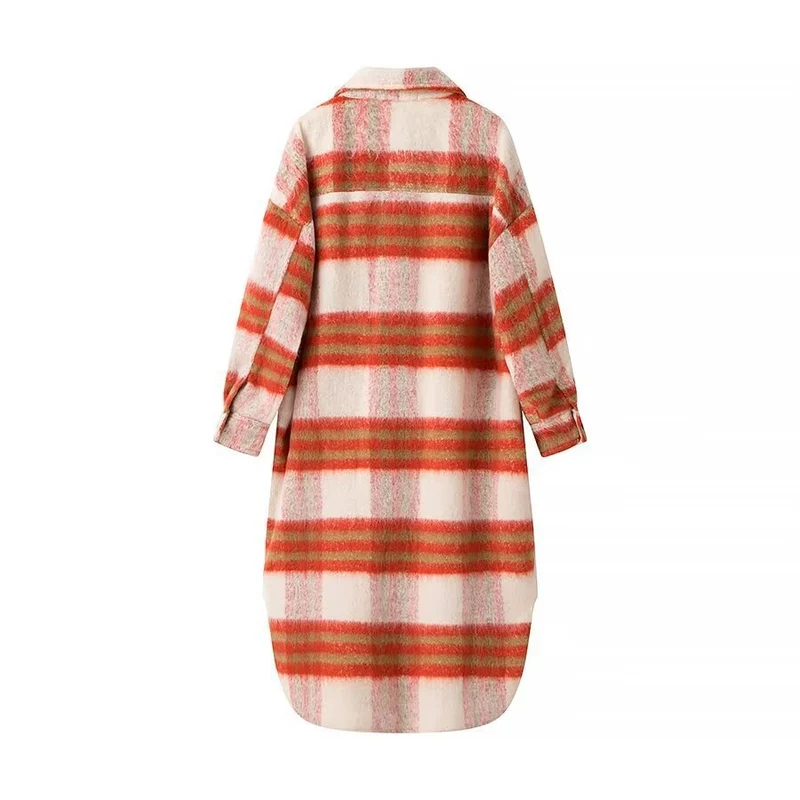 Damen Langer karierter Teddy‑Mantel in Shirtjacken‑Optik mit Hemdkragen und aufgesetzten Taschen Drune
