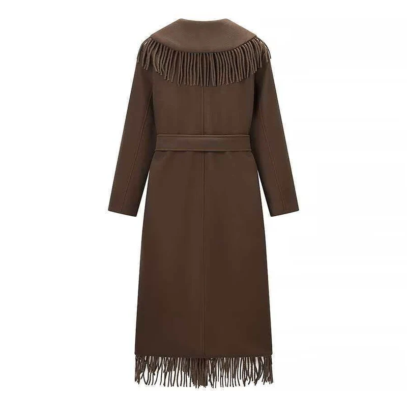 Damen Langer Fransen-Wollmix-Mantel mit Kapuze, Bindegürtel und aufgesetzten Taschen Drune