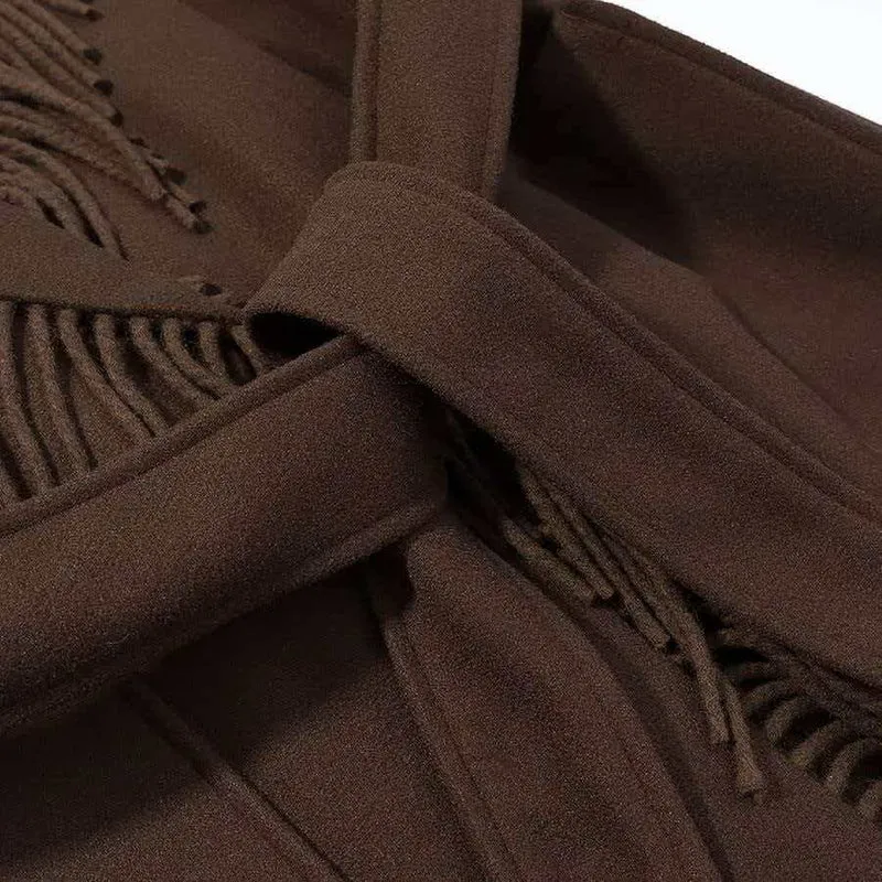 Damen Langer Fransen-Wollmix-Mantel mit Kapuze, Bindegürtel und aufgesetzten Taschen Drune