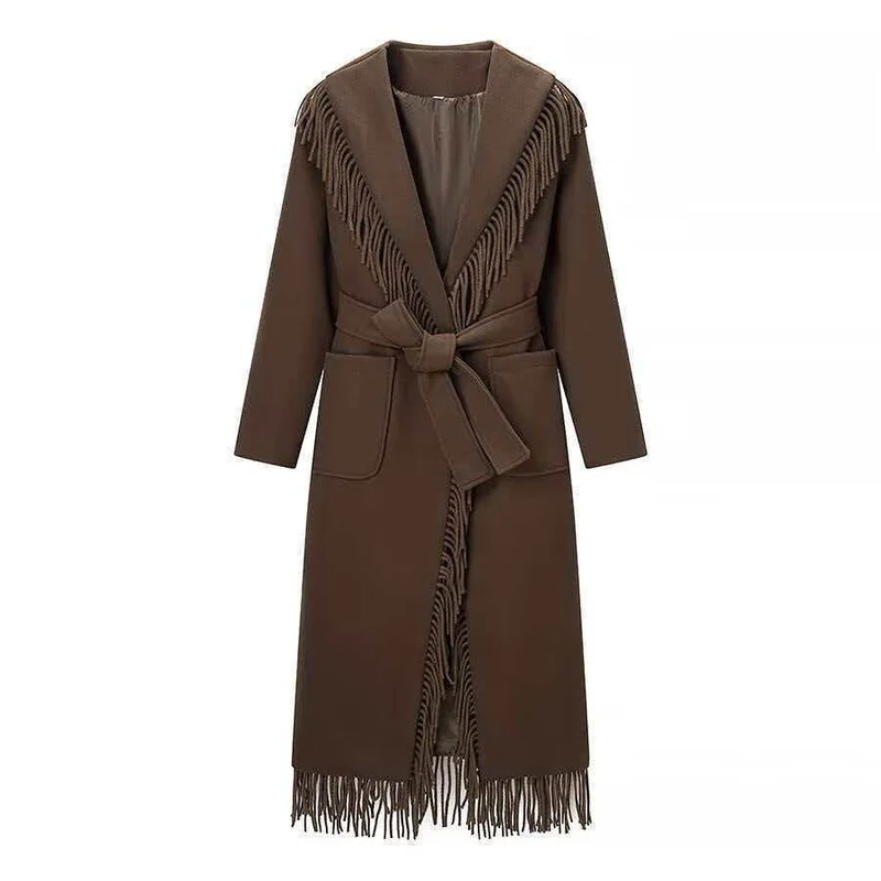 Damen Langer Fransen-Wollmix-Mantel mit Kapuze, Bindegürtel und aufgesetzten Taschen Drune