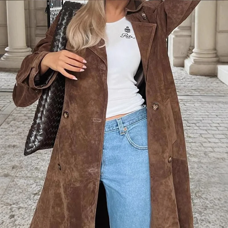 Damen Langer Doppelreihiger Trenchcoat aus Veloursleder-Optik mit Taillengürtel Drune
