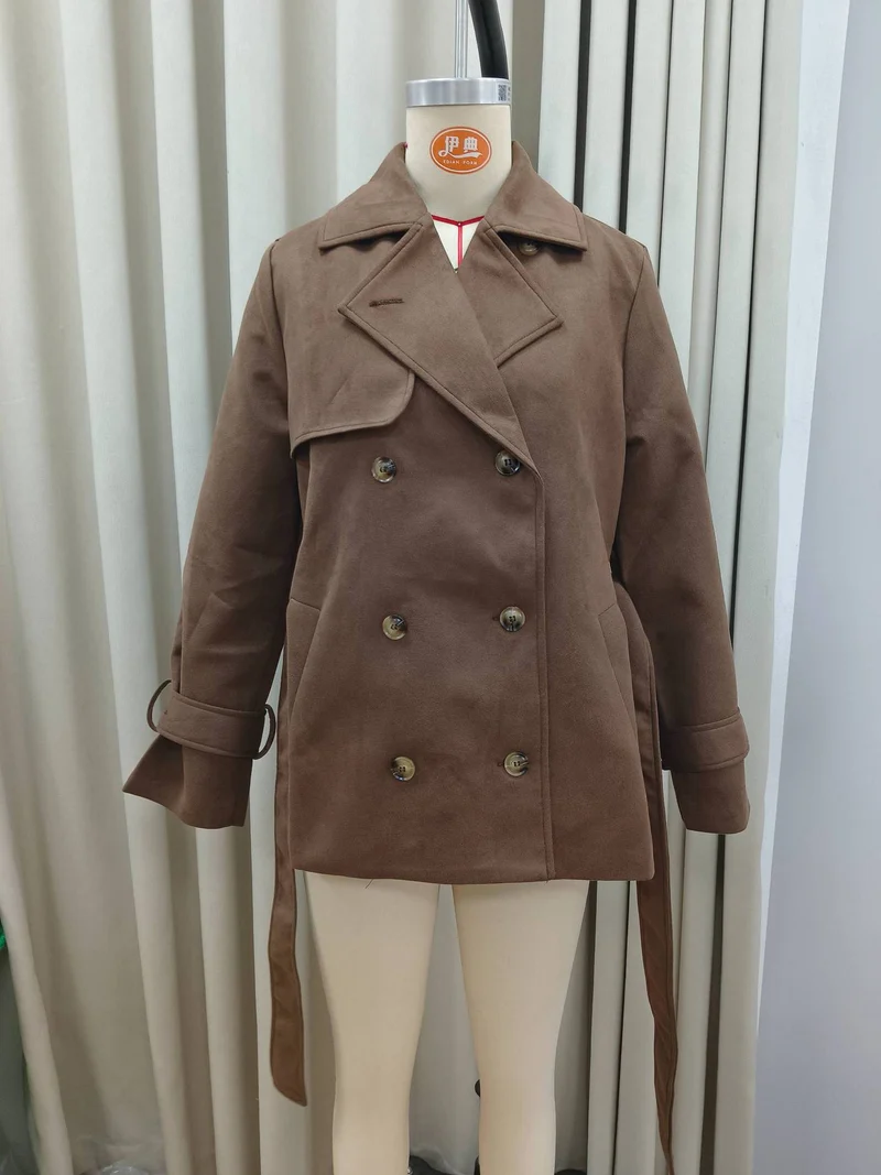 Damen Langer Doppelreihiger Trenchcoat aus Veloursleder-Optik mit Taillengürtel Drune
