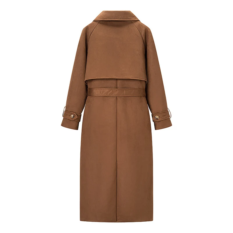 Damen Langer Doppelreihiger Mantel im Trenchcoat‑Stil mit Taillengürtel und Ärmelriegel Drune