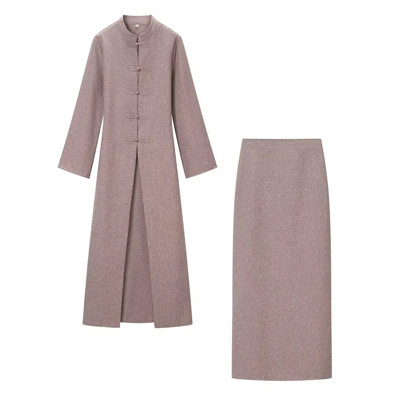 Damen Langärmliges Maxikleid mit Stehkragen Knebelknopfverschluss und vorderem Schlitz Drune
