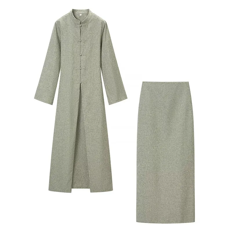 Damen Langärmliges Maxikleid mit Stehkragen Knebelknopfverschluss und vorderem Schlitz Drune