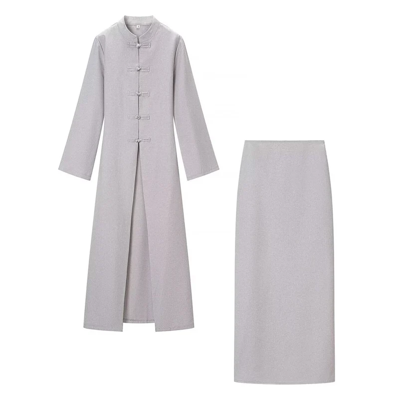 Damen Langärmliges Maxikleid mit Stehkragen Knebelknopfverschluss und vorderem Schlitz Drune