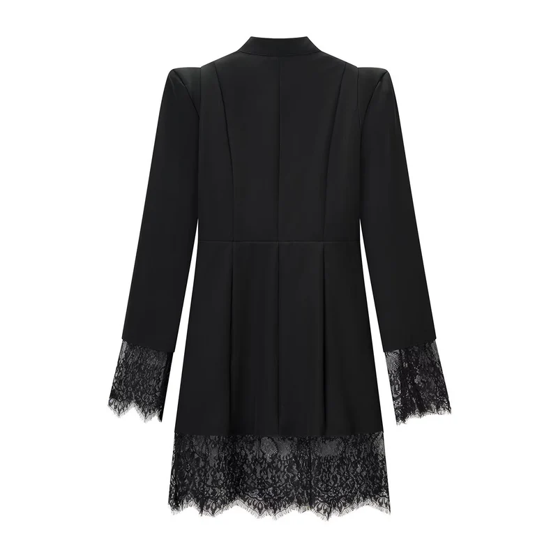 Damen Langarm-Minikleid mit Stehkragen, Cut-outs, goldenen Zierknöpfen und Spitzenbesatz Drune