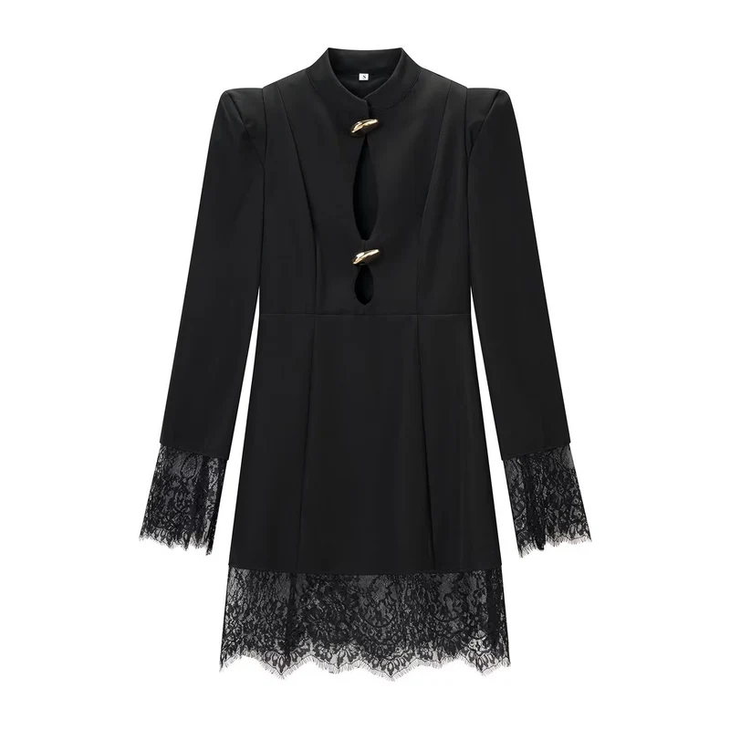 Damen Langarm-Minikleid mit Stehkragen, Cut-outs, goldenen Zierknöpfen und Spitzenbesatz Drune