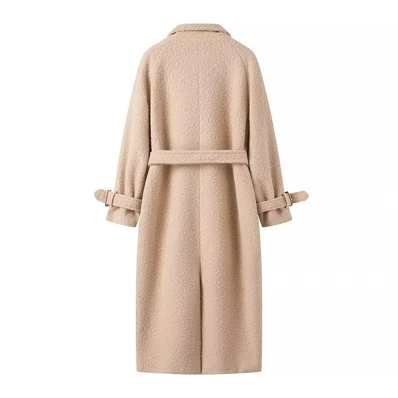Damen Lang geschnittener Bouclé‑Teddy‑Mantel im Oversize‑Cut mit Doppelknopffront und verstellbaren Ärmelriemen Drune