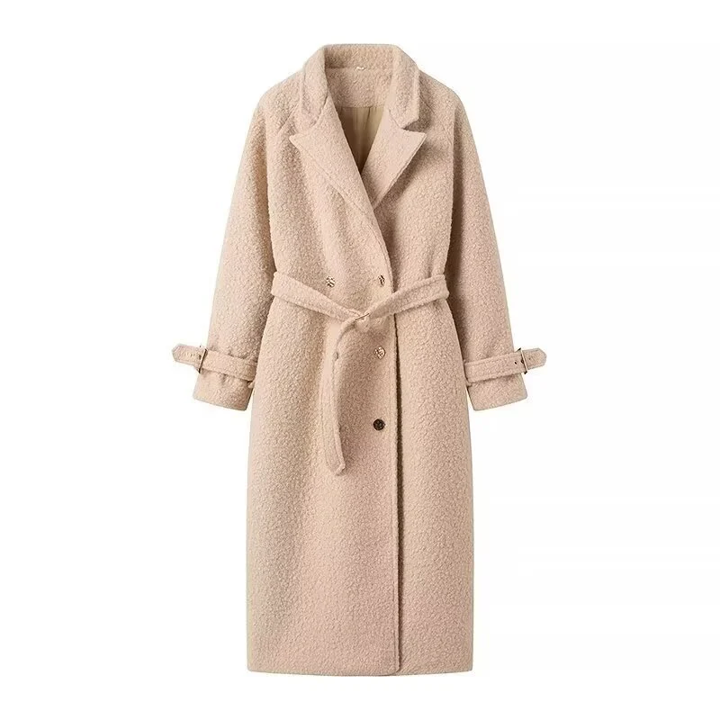 Damen Lang geschnittener Bouclé‑Teddy‑Mantel im Oversize‑Cut mit Doppelknopffront und verstellbaren Ärmelriemen Drune