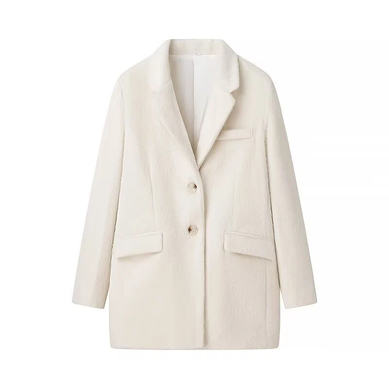 Damen Kurzmantel im Blazer‑Look mit Reverskragen, strukturierter Oberfläche und Pattentaschen Drune